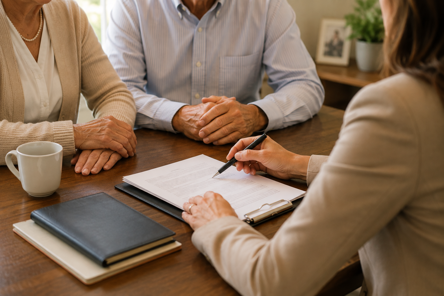 An elderly couple review legal documents with an attorney from Rodriguez and Else.