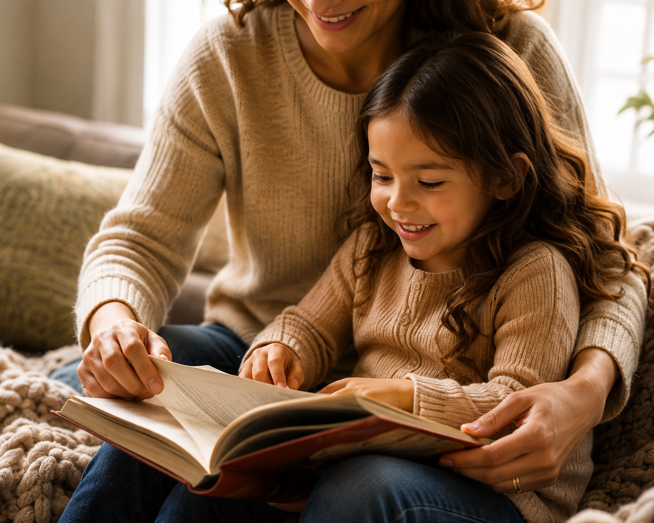 A woman and a young girl sitting on a cozy bed, reading a book together, both smiling and enjoying their time.