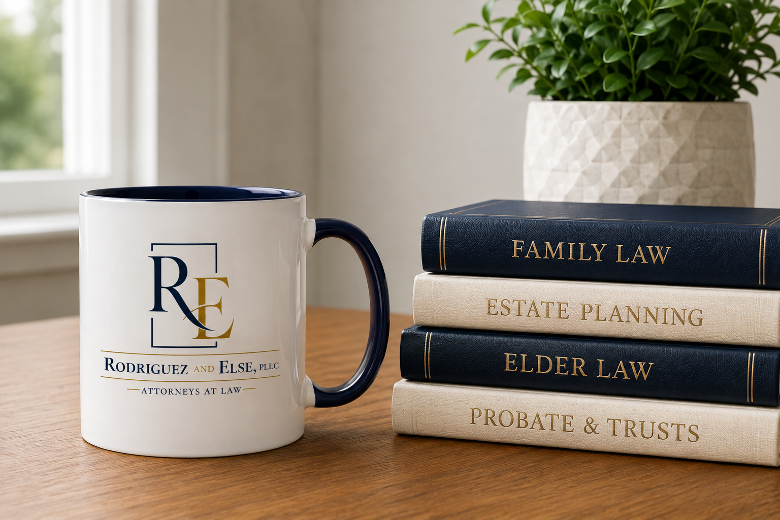 A coffee mug with a law firm logo next to stacked law books on estate planning, elder law, and probate & trusts, with a green potted plant in the background.