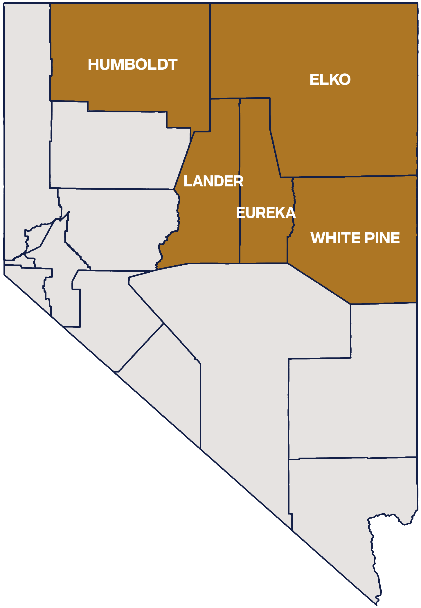A map of Nevada and all of its counties. The counties of Elko, Eureka, Lander, Humboldt and White Pine are highlighted to indicate areas served by Rodriguez and Else.