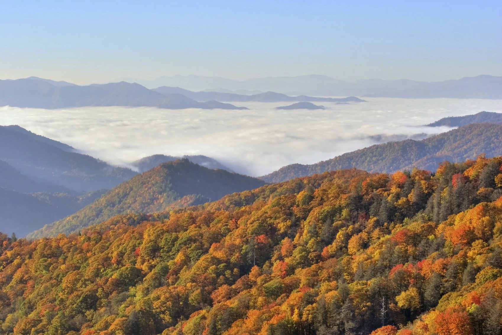 Scenic view of colorful autumn foliage on mountain ridges with a blanket of clouds in the background and distant mountains under a clear sky.