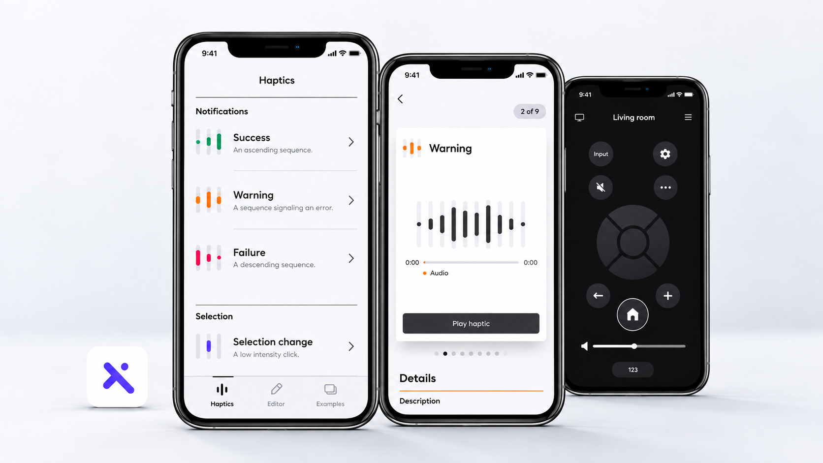 Three mobile interface mockups showing a haptic feedback pattern library, an interactive vibration waveform, and a virtual TV remote.
