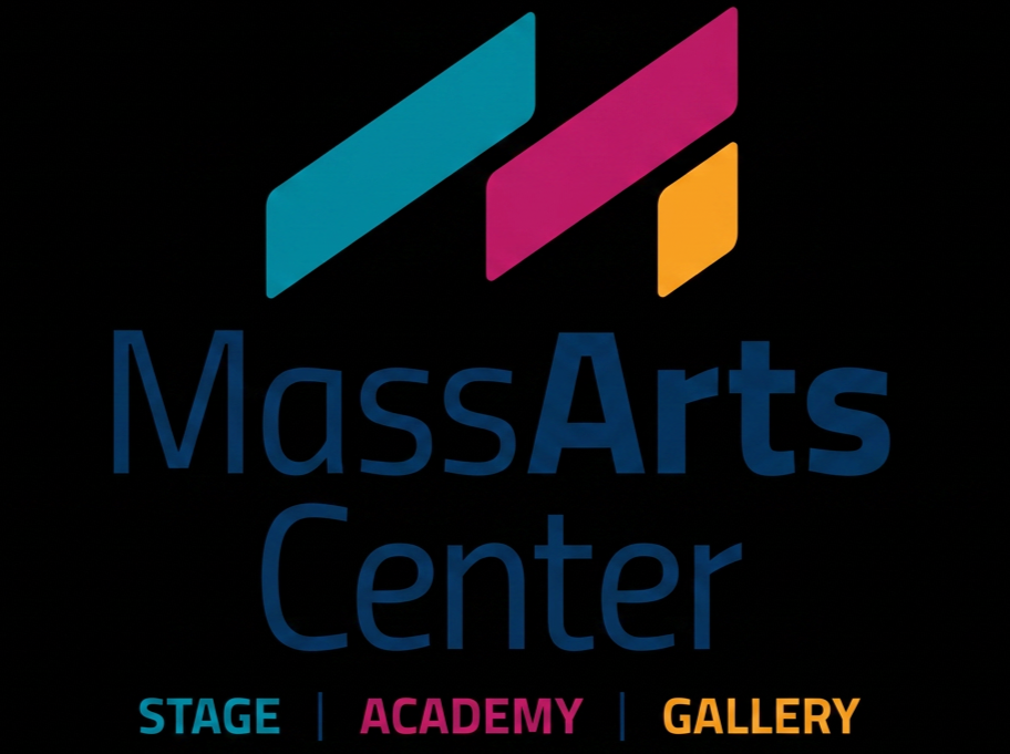 Logo of MassArts Center with colorful geometric shapes and text indicating Stage, Academy, and Gallery.