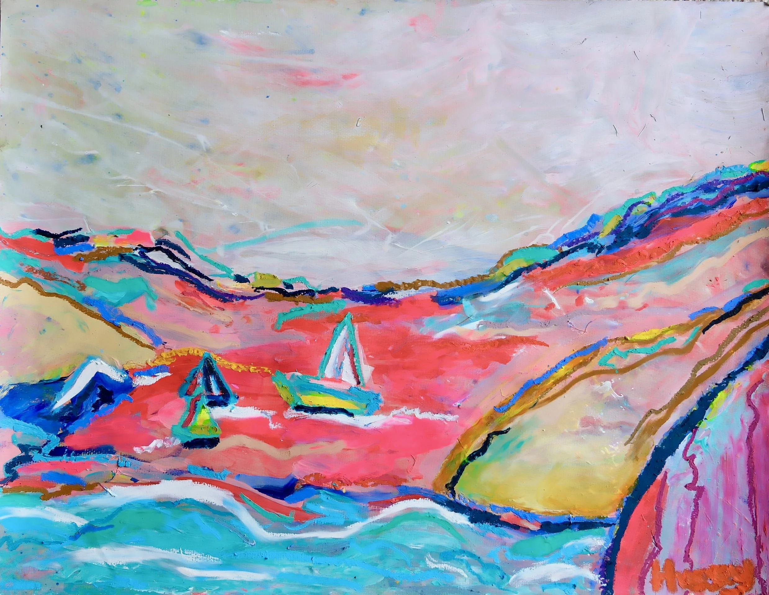 SAILING AROUND THE ISLANDS, 50X60CM, £675.00, ACRYLIC AND OIL PASTEL ON PAPER .jpg