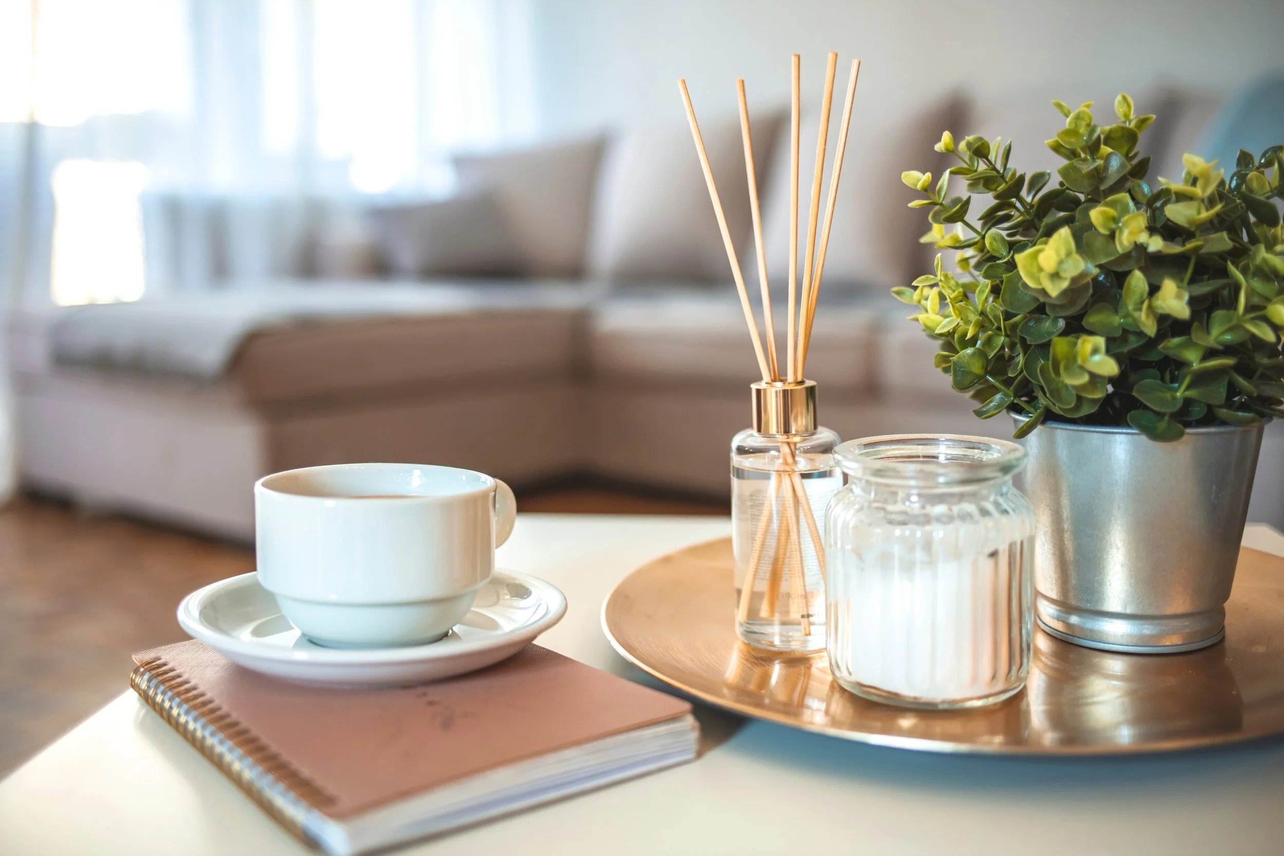 A white ceramic cup with matching saucer on a white table, with a pink notebook underneath, and a tray holding a potted green plant, a glass jar with reed diffuser sticks, and an empty glass container, in a softly lit room with a blurred background.