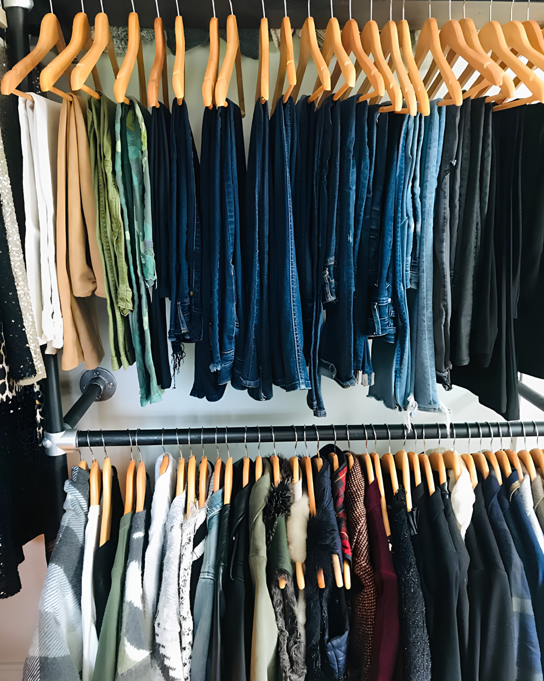 Clothes hanging on a double-layer clothing rack, including jeans, jackets, and shirts, organized on wooden hangers in a retail or closet setting.