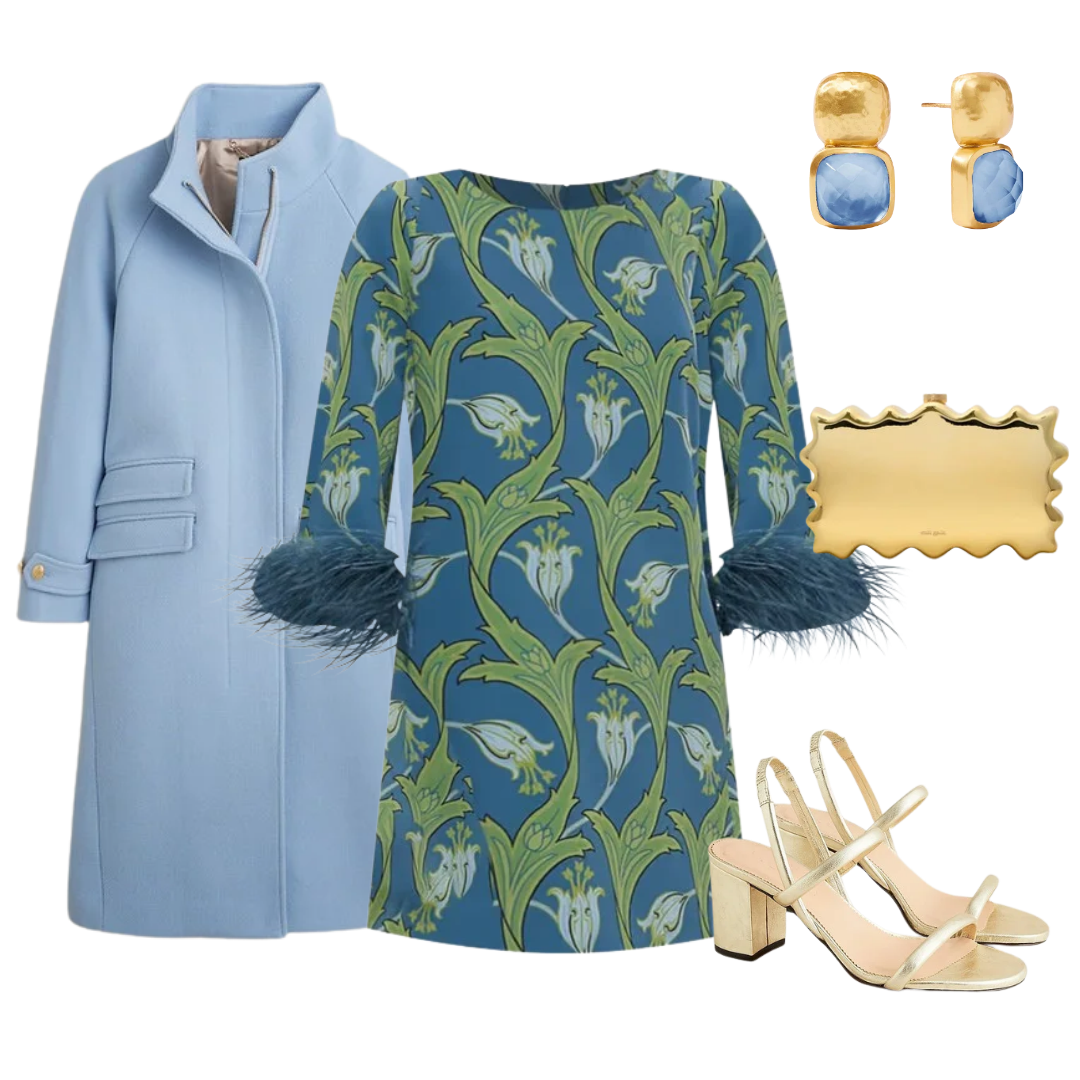 A Flat lay consiting of a blue coat and a green and blue dress with matching accessories.