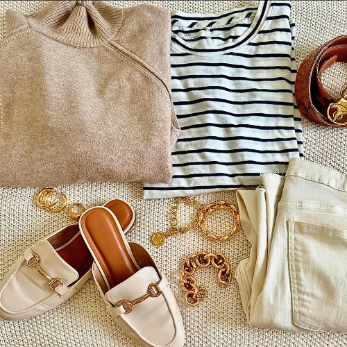 flat lay of a styled look complete with accessories and shoes