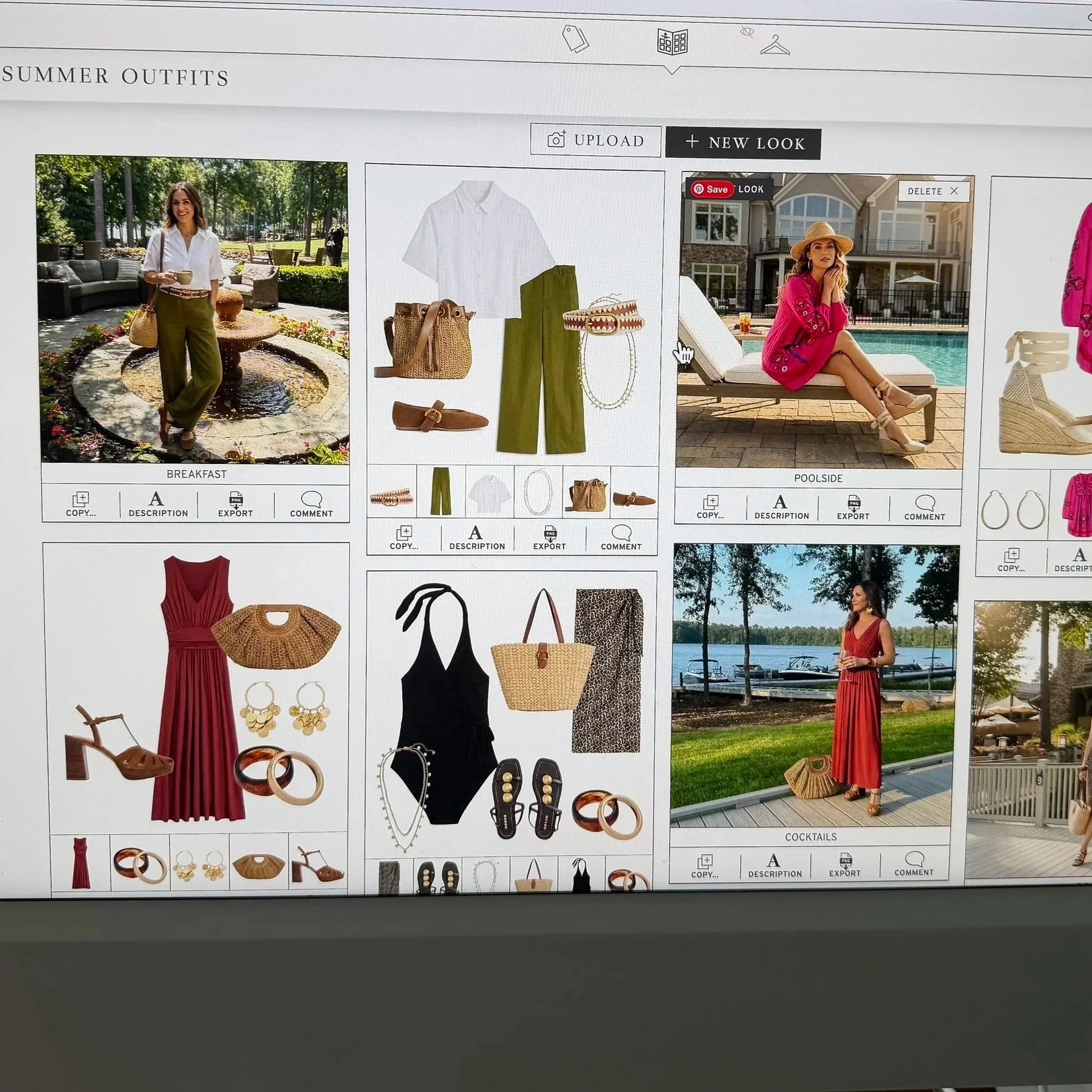 Printed fashion catalog page featuring summer outfits with photos of women by the poolside and lake, and images of clothing and accessories such as dresses, handbags, jewelry, and shoes.