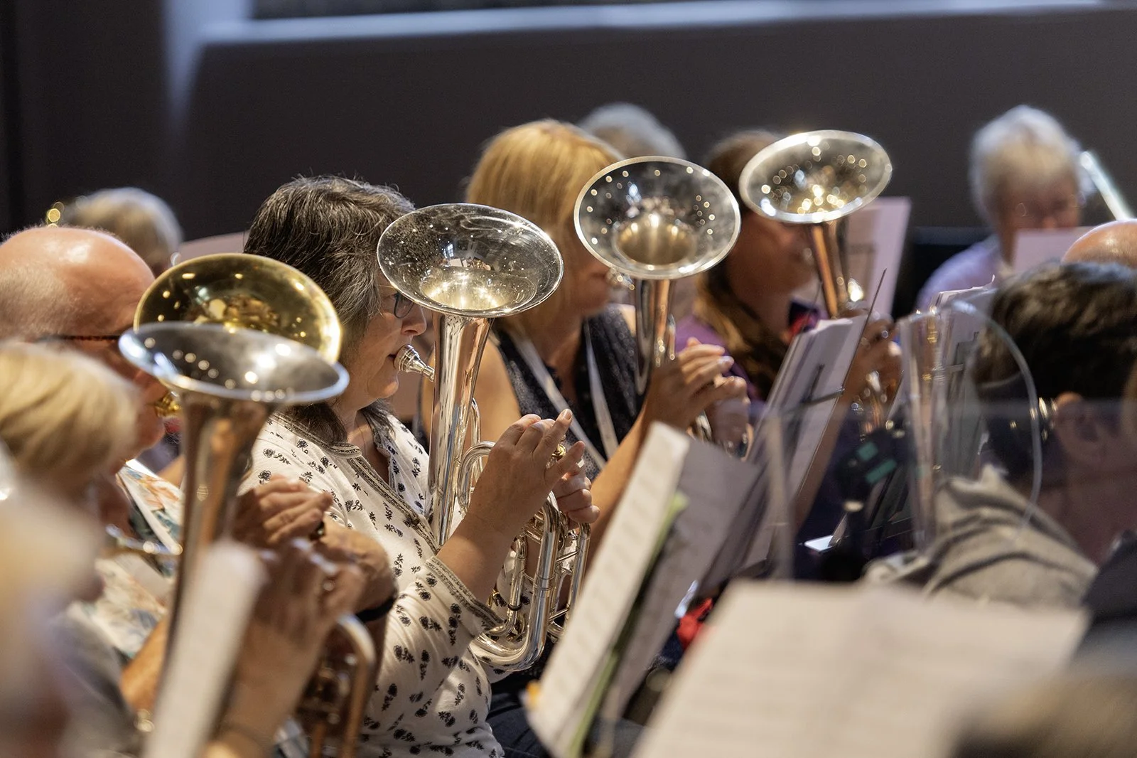 A group of musicians playing brass instruments, including tubas, during an indoor concert.