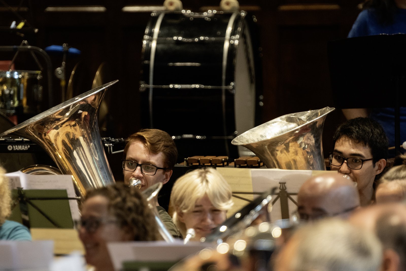 A group of musicians in an orchestra, including two men playing large brass instruments and others with various instruments, with music stands in front of them.