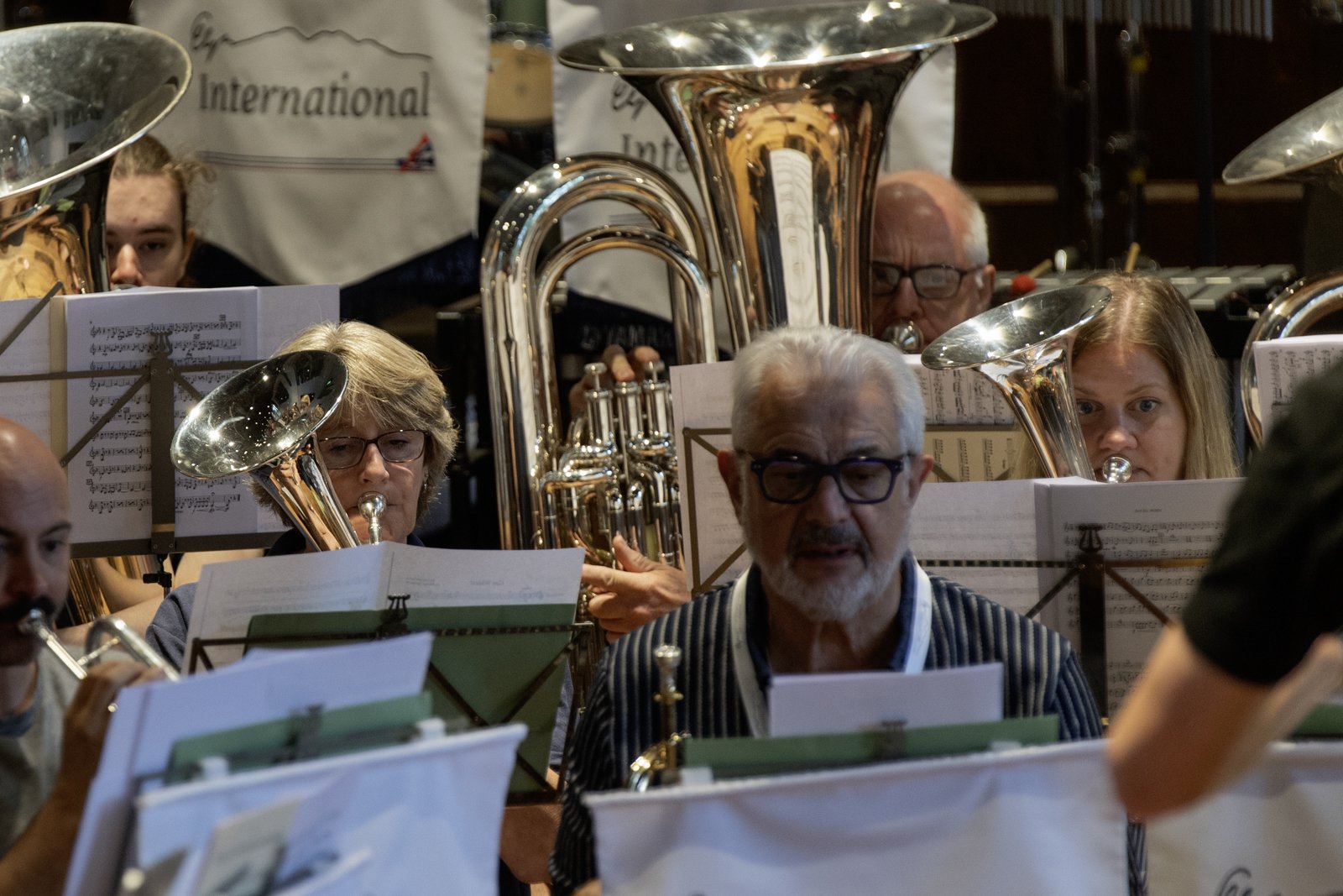 An orchestra performing with musicians playing brass instruments such as tubas and euphoniums, reading sheet music, with a focused conductor leading.