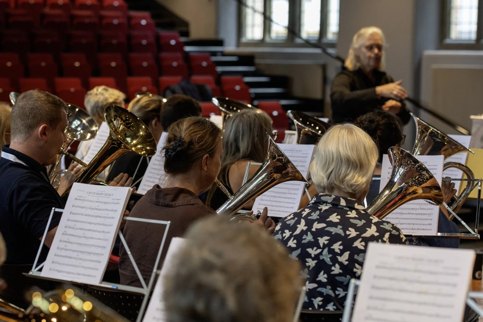 Orchestra rehearsing in a concert hall with red seats, featuring musicians playing brass instruments like euphoniums, with a conductor standing in front of them.