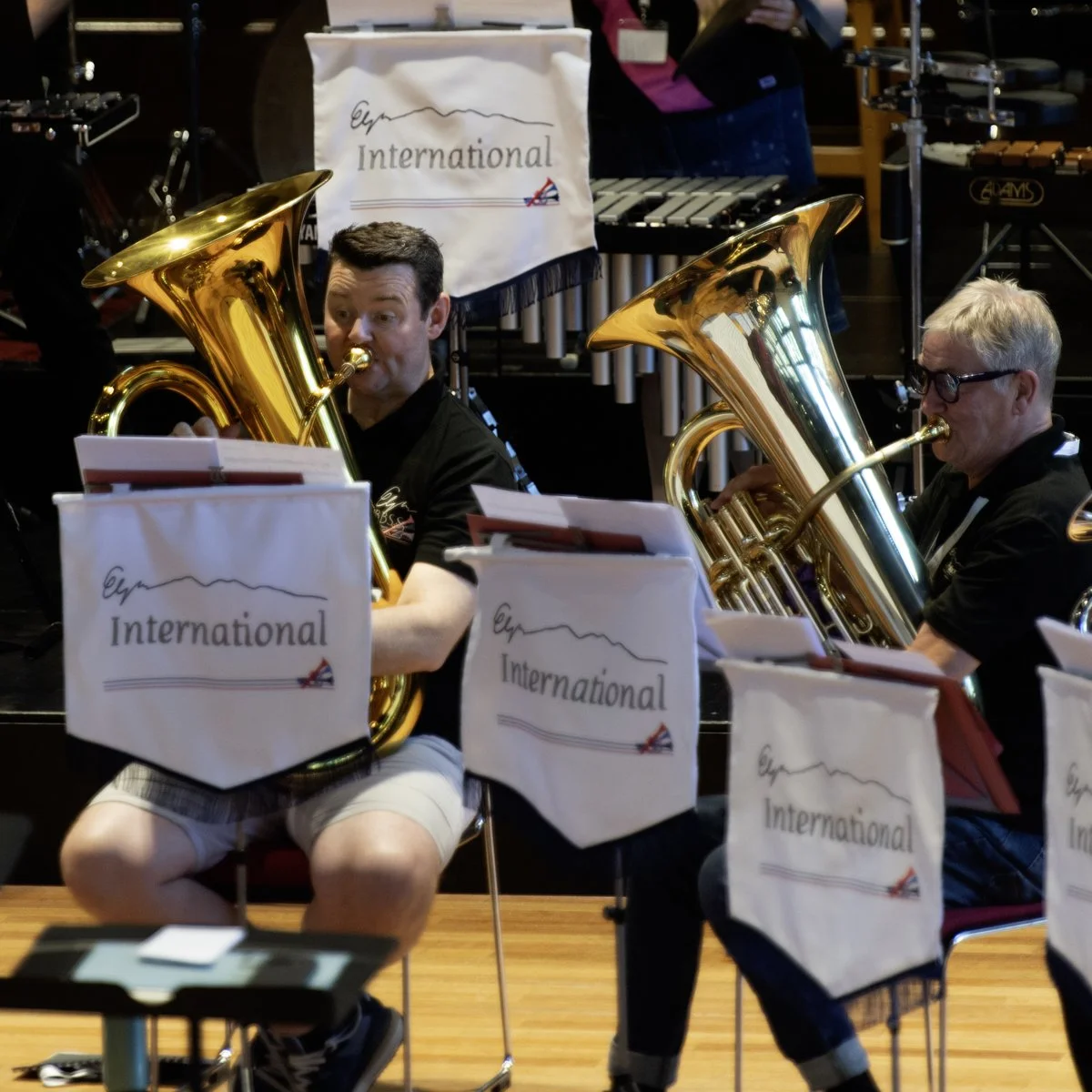 Two musicians playing tubas during a concert, with music stands covered with banners that say 'Egypt International'. In the background, other percussion instruments are visible.