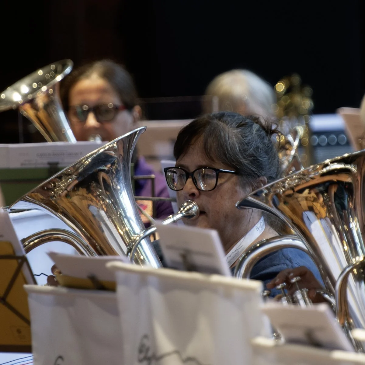 Several musicians in a band playing their instruments, with a focus on a woman with glasses playing a brass instrument, possibly a euphonium or tuba, in a music rehearsal or performance setting.