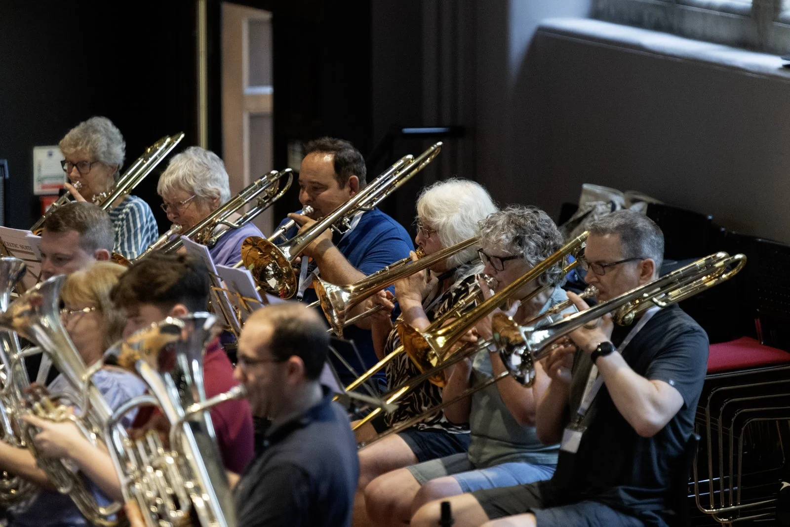 Group of musicians playing brass instruments during a performance, seated in a concert hall.