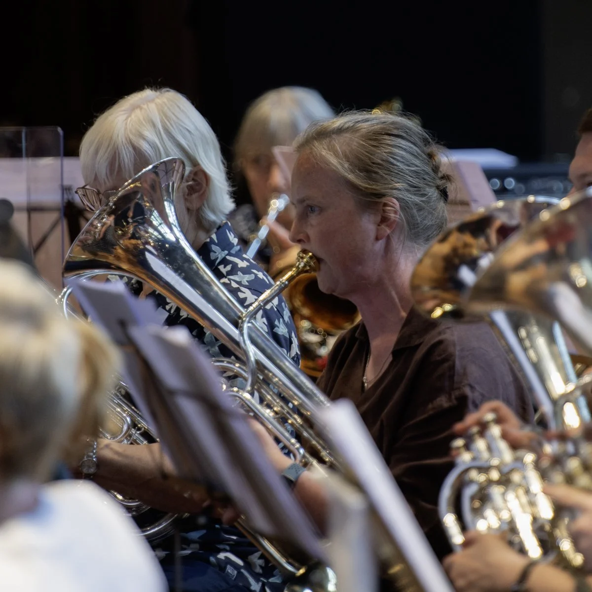 Orchestra musicians playing brass instruments, with a focus on a woman with gray hair playing a euphonium.