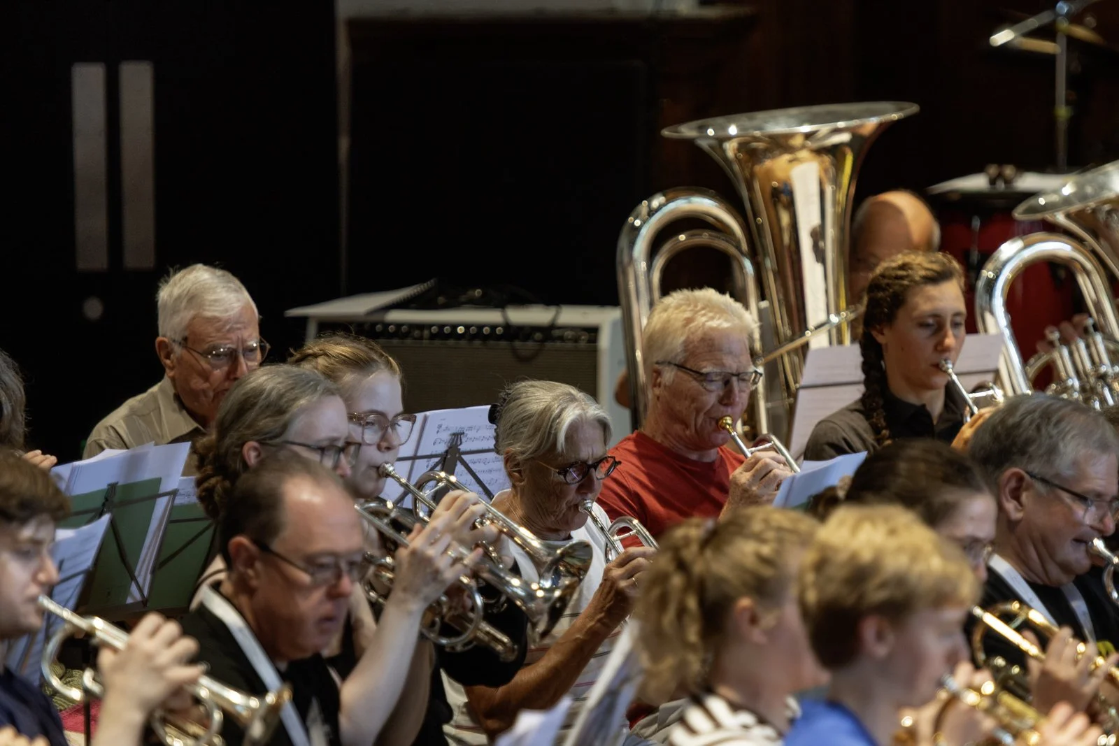Group of musicians playing brass instruments in an orchestra, including trumpets, tubas, and French horns, with sheet music in front of them.