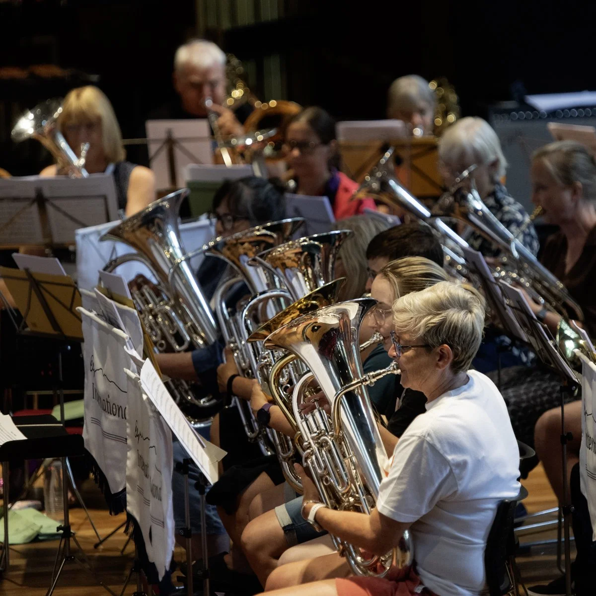 Group of musicians playing brass instruments, seated in an orchestra, with sheet music stands in front of them.