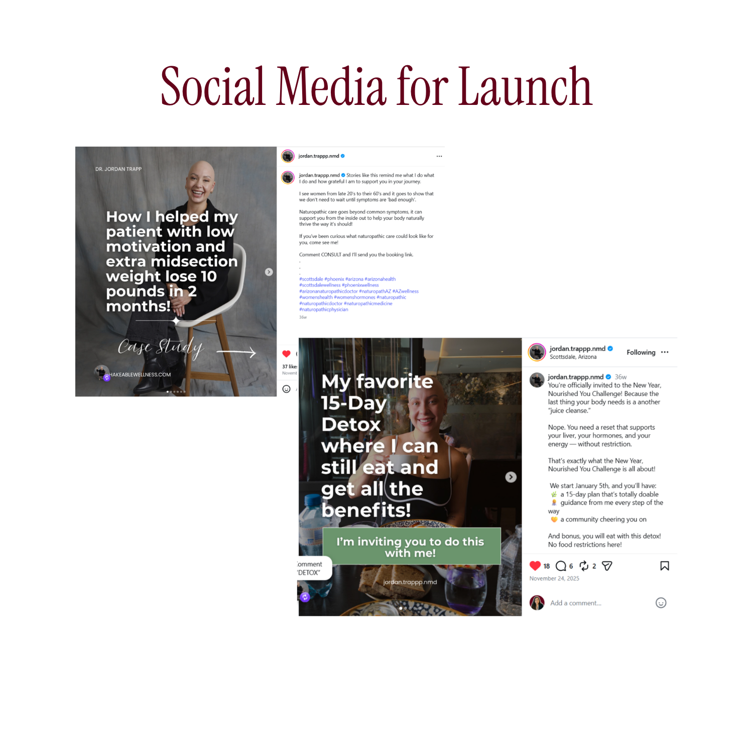 Screenshots of social media posts from Dr. Jordan Trapp discussing natural health, detox programs, and weight loss success stories.