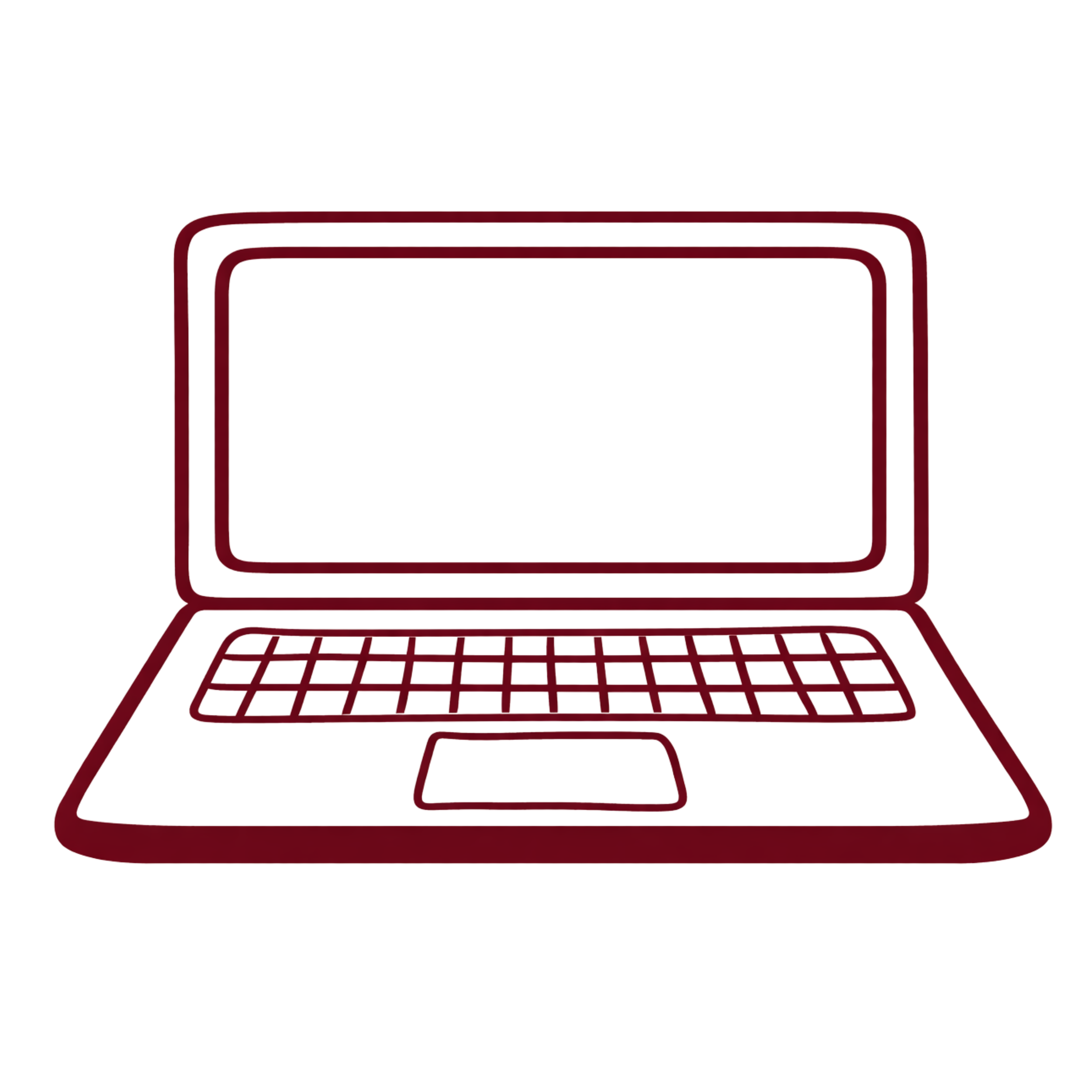 Line drawing of a laptop with a large screen and a keyboard, depicted in red outline.