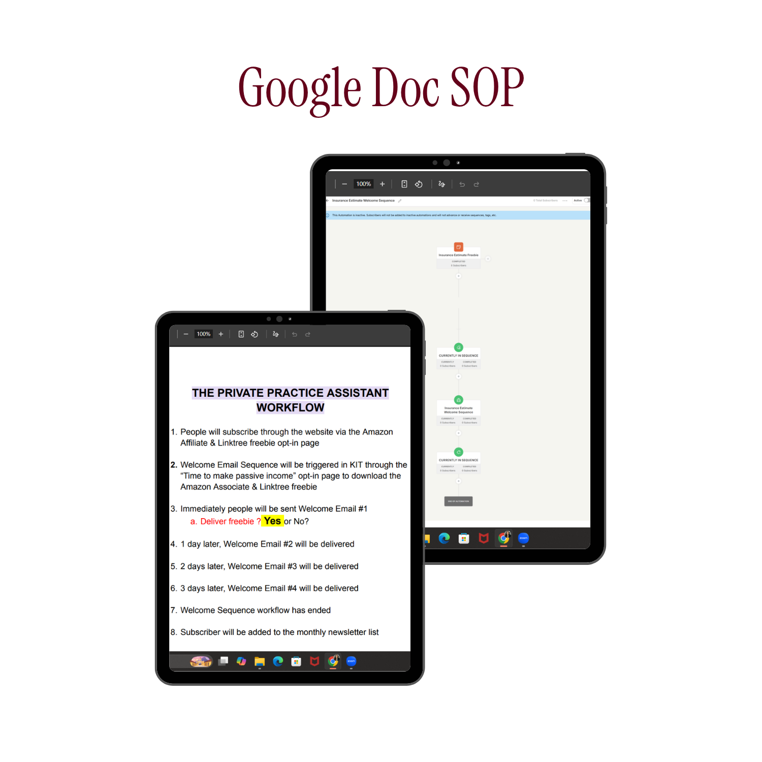 Image of two tablets with workflow and email sequence documents. The larger tablet displays a workflow diagram for insurance estimate welcome sequence, and the smaller tablet shows a step-by-step email sequence guide titled "The Private Practice Assi