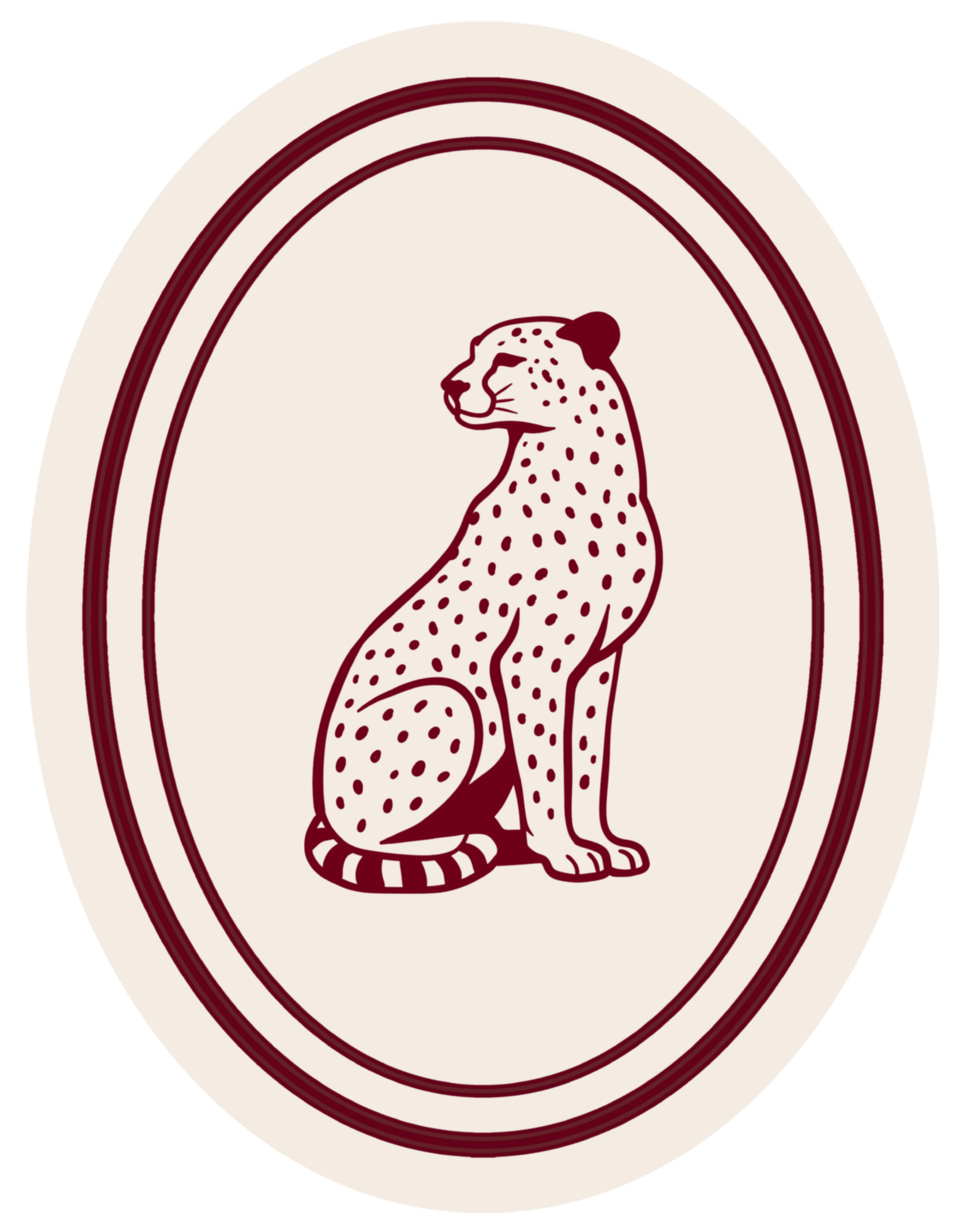 Illustration of a sitting leopard with its eyes closed, surrounded by concentric circles, on a beige background