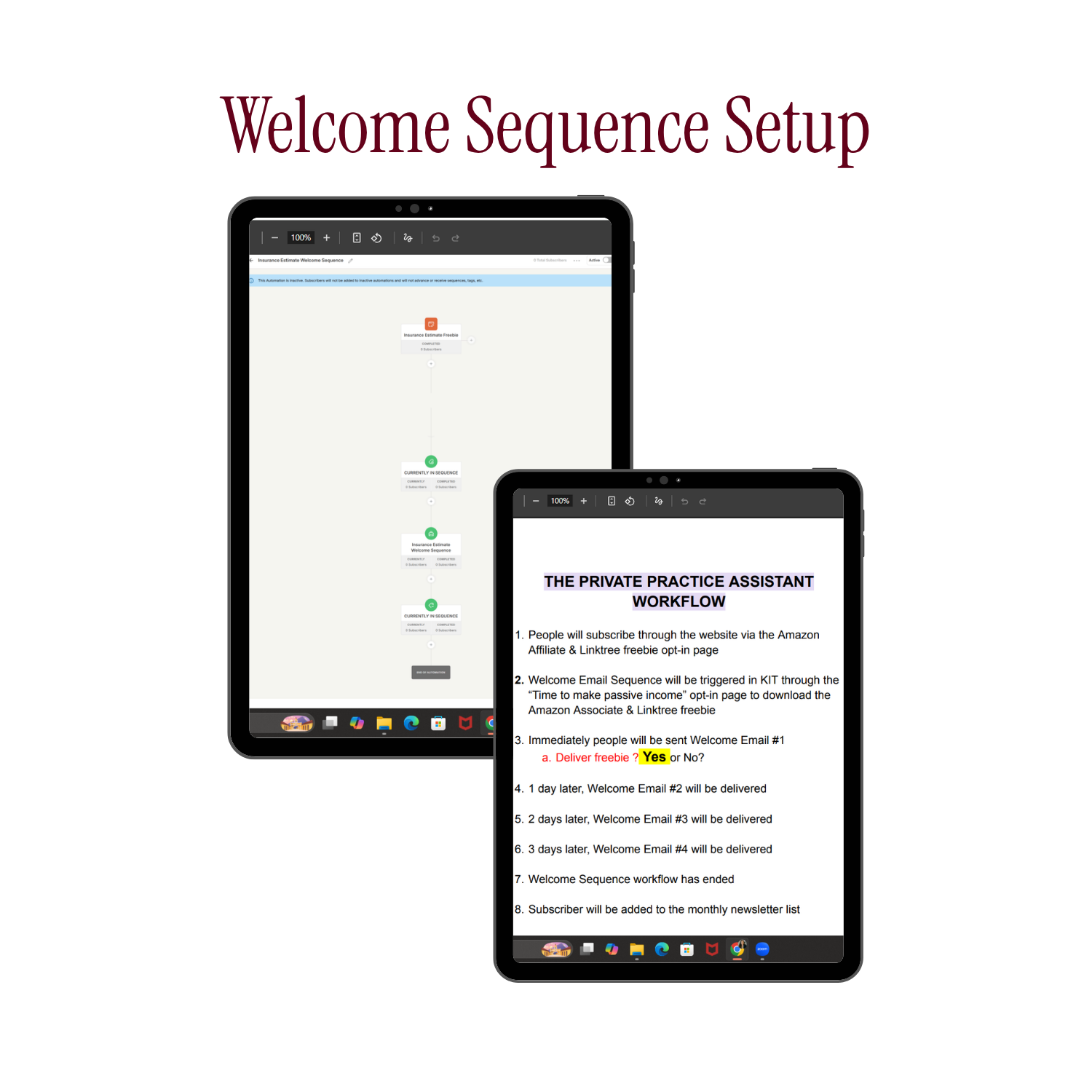 Two tablet screens showing a workflow for an insurance estimate welcome sequence and email sequence. The background features a red gradient with the text 'Insurance Estimate Welcome Sequence' at the top.