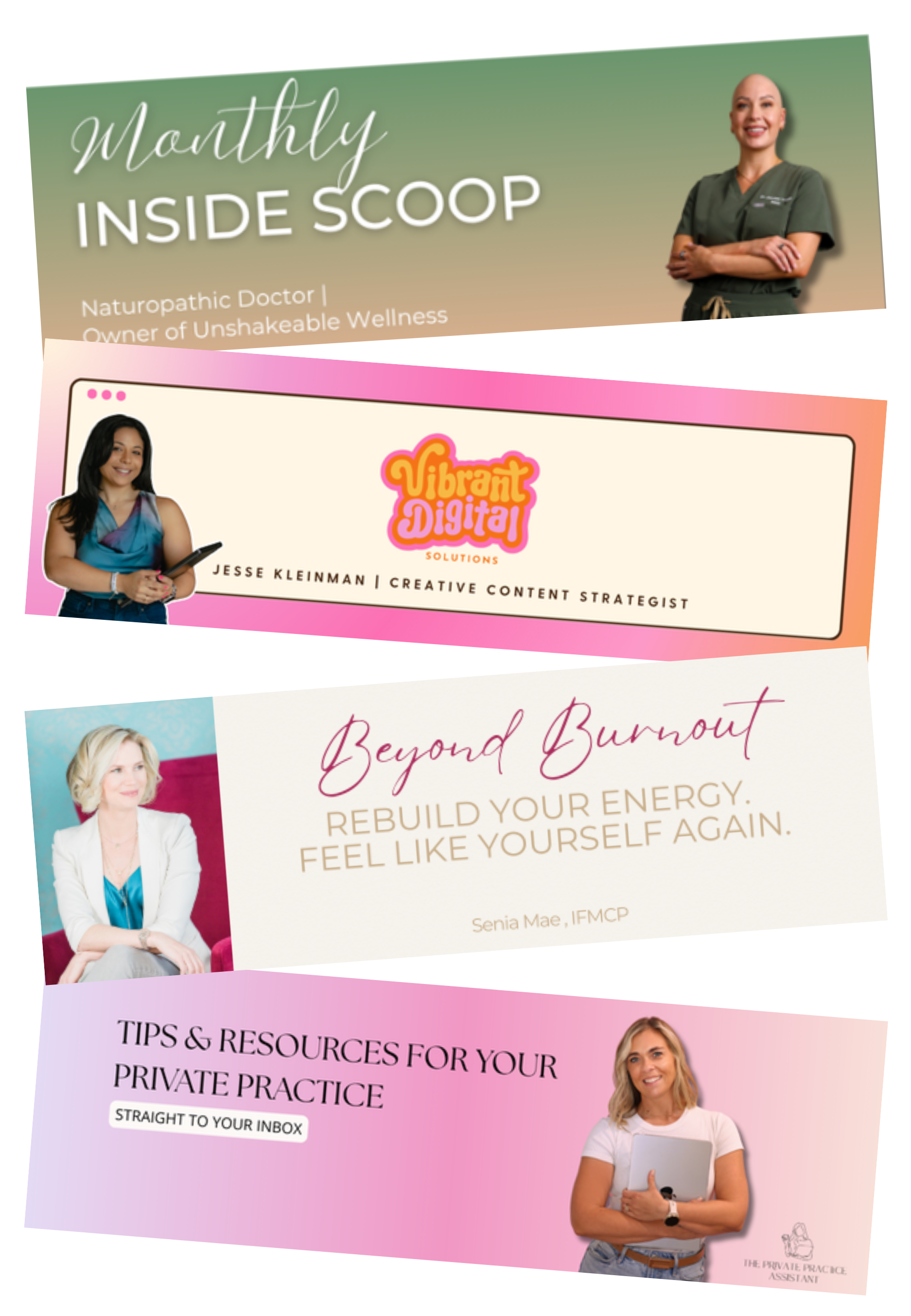 Multiple digital marketing and wellness webinar promotional slides with images of women and text including titles like "Monthly Inside Scoop", "Beyond Burnout", and "Tips & Resources for Your Private Practice".