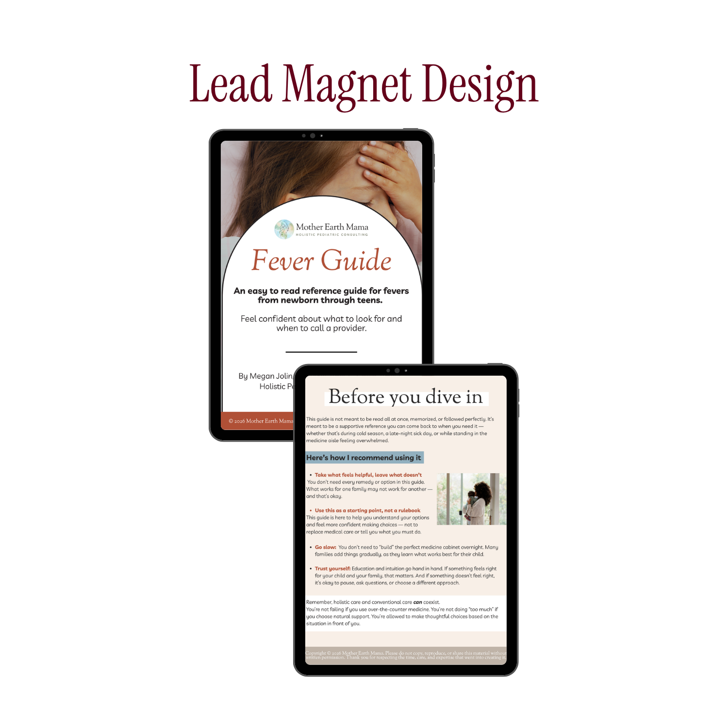 Digital tablets displaying a fever guide for children with information on managing and understanding fevers, including tips and advice for parents.