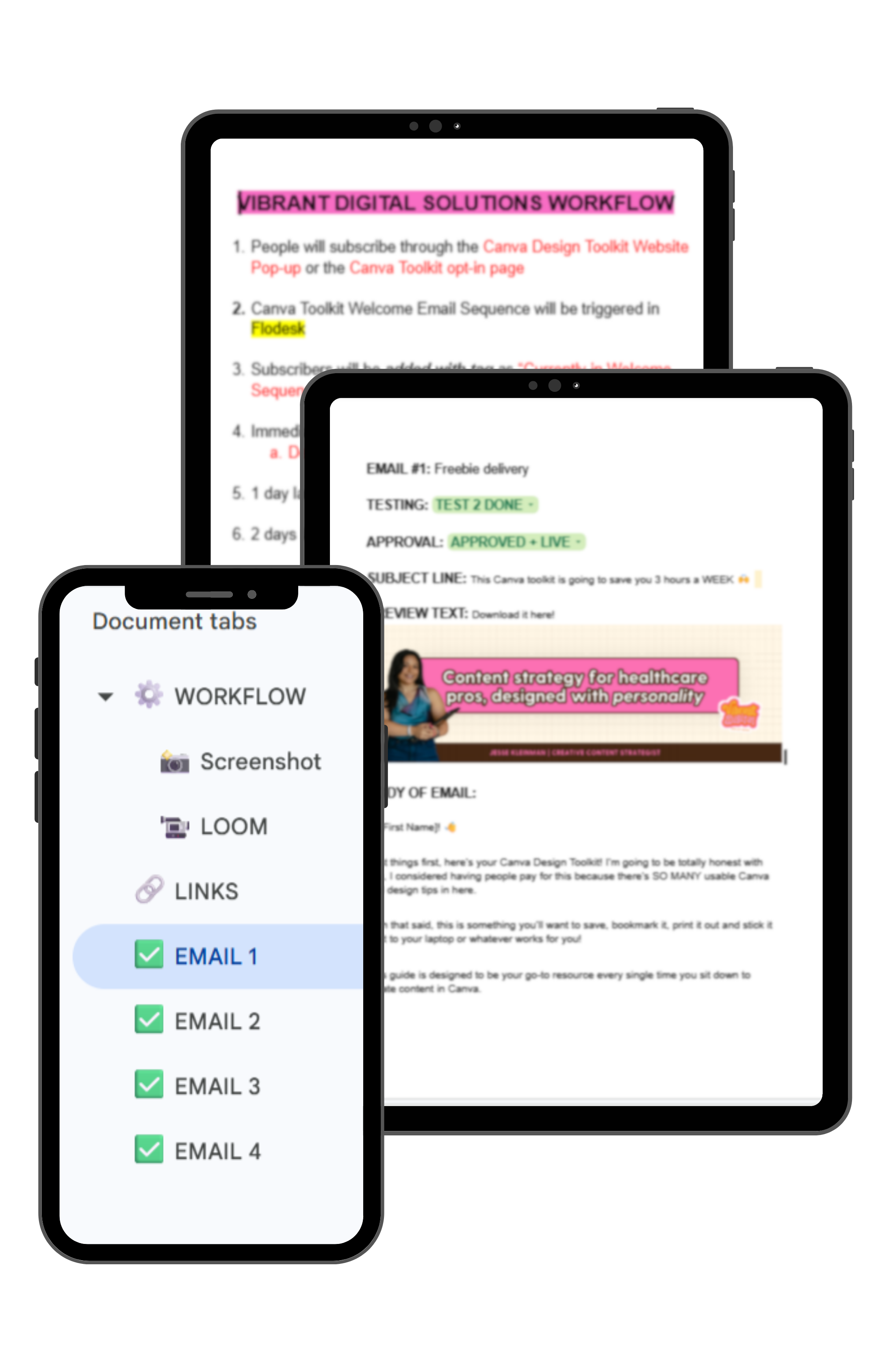 Multiple digital devices displaying documents and workflow interfaces, including a smartphone showing email checkboxes, a tablet with a document titled 'Vibrant Digital Solutions Workflow,' and another tablet or computer screen with a checklist and email-related content.
