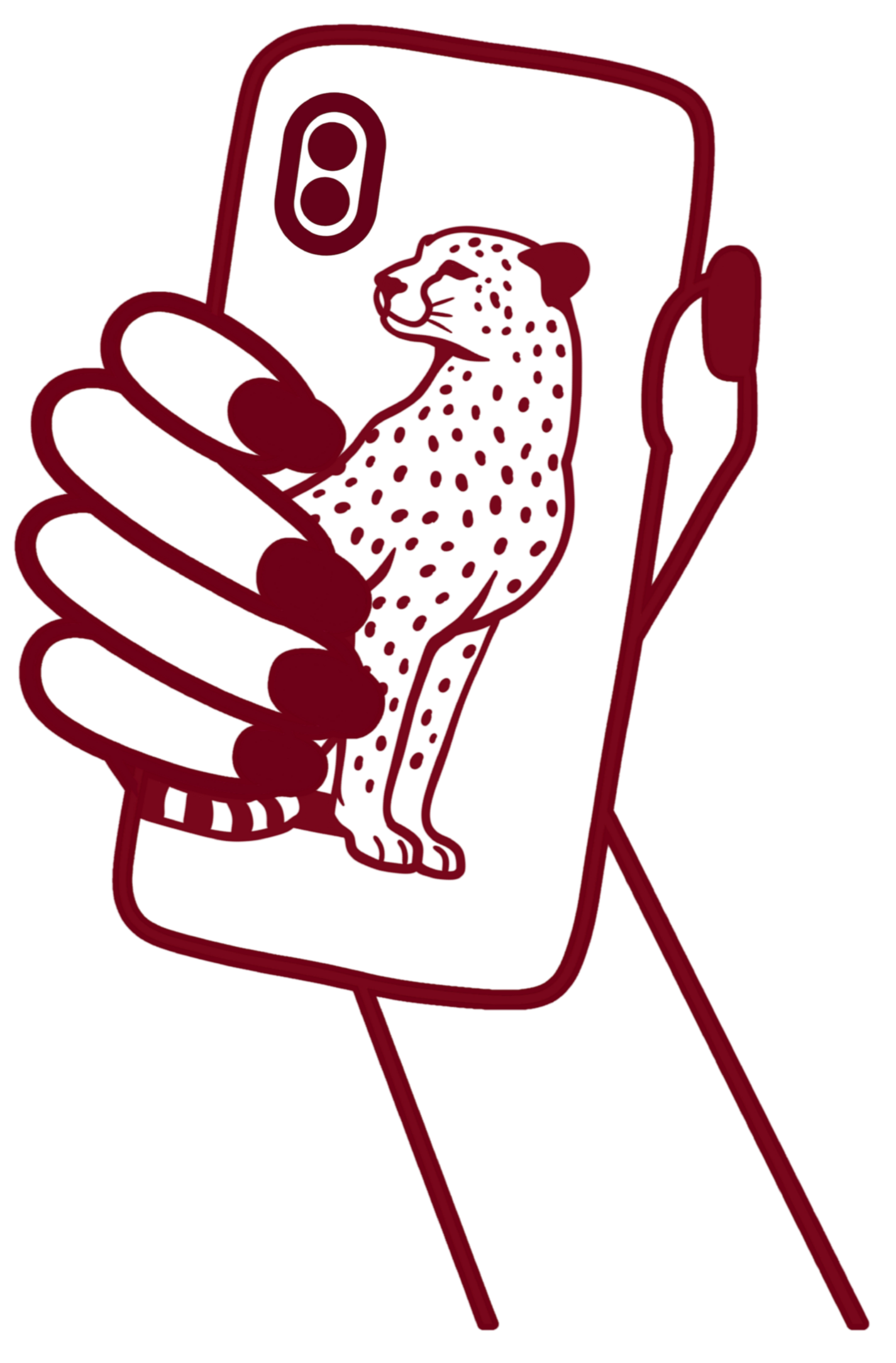 A digital illustration of a hand holding a smartphone with a circuit board pattern on the screen. The phone has a dual-camera module and a red outline. The background is black.