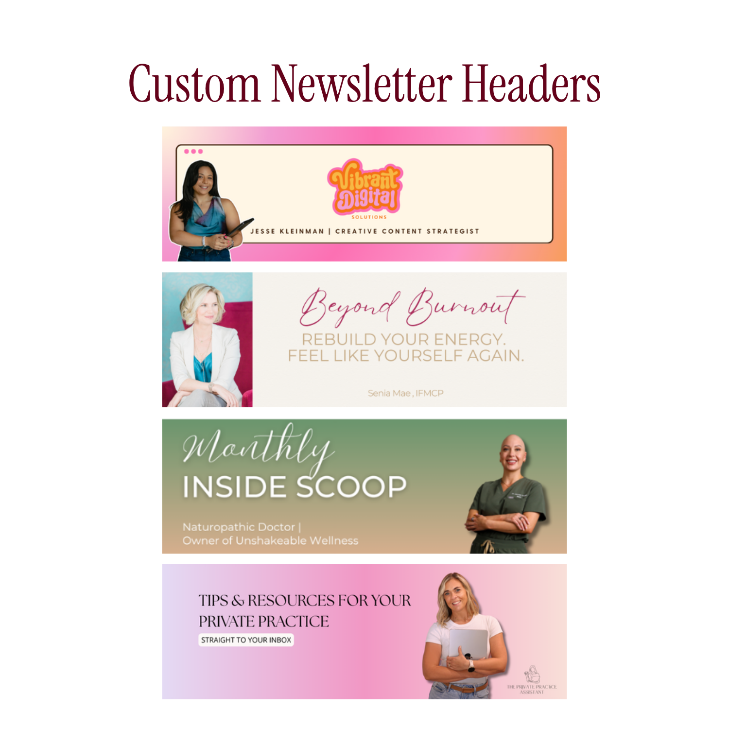 A collage of promotional banners for wellness and professional development content. Top banner features Vibrant Digital Solutions logo with a woman holding a tablet. Second banner highlights Beyond Burnout with a woman in a white blazer. Third banner