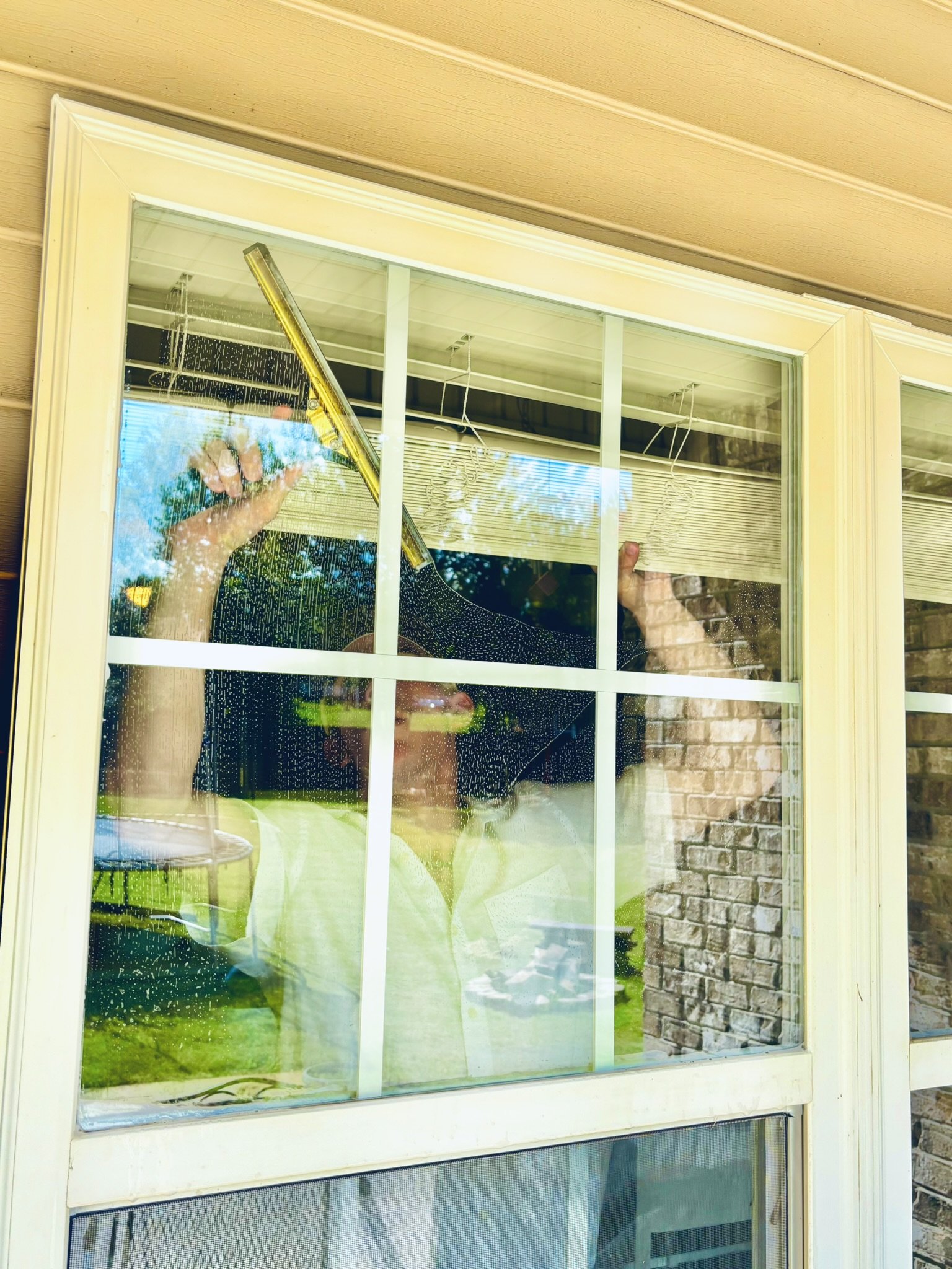 Person cleaning a window from inside a house, using a squeegee.