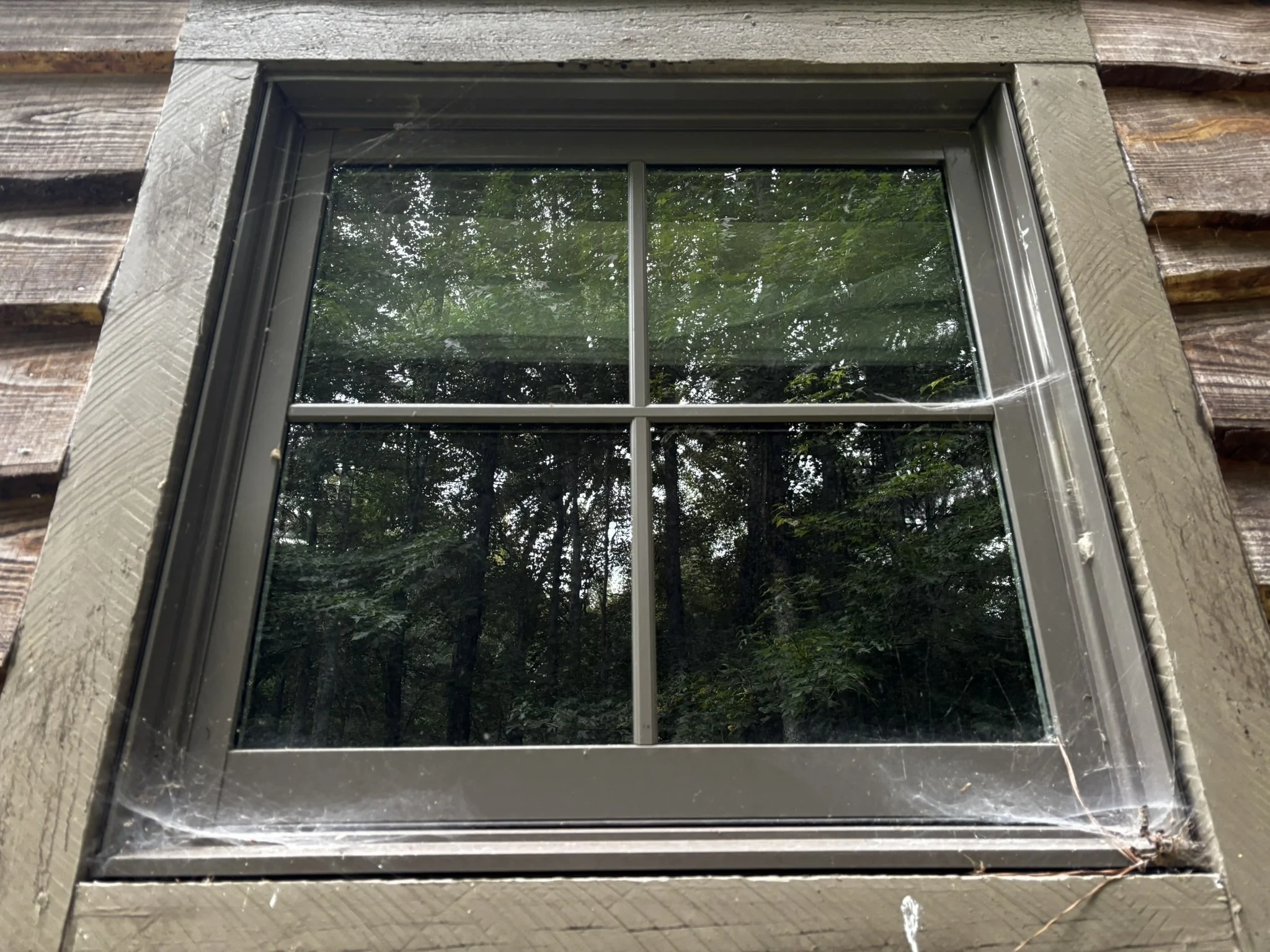 Close-up of a window set into a wooden wall, with reflections of trees visible in the glass.