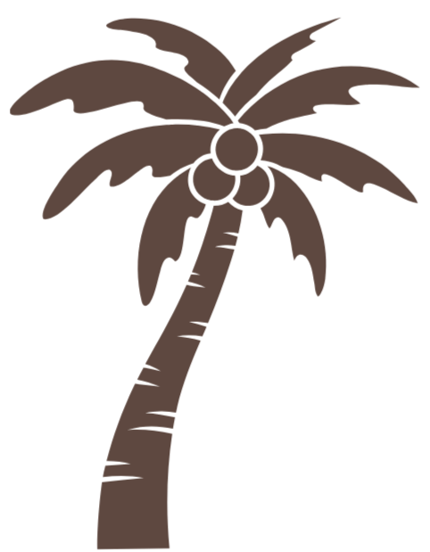 A cartoon illustration of a palm tree with a curved trunk and large leaves at the top.