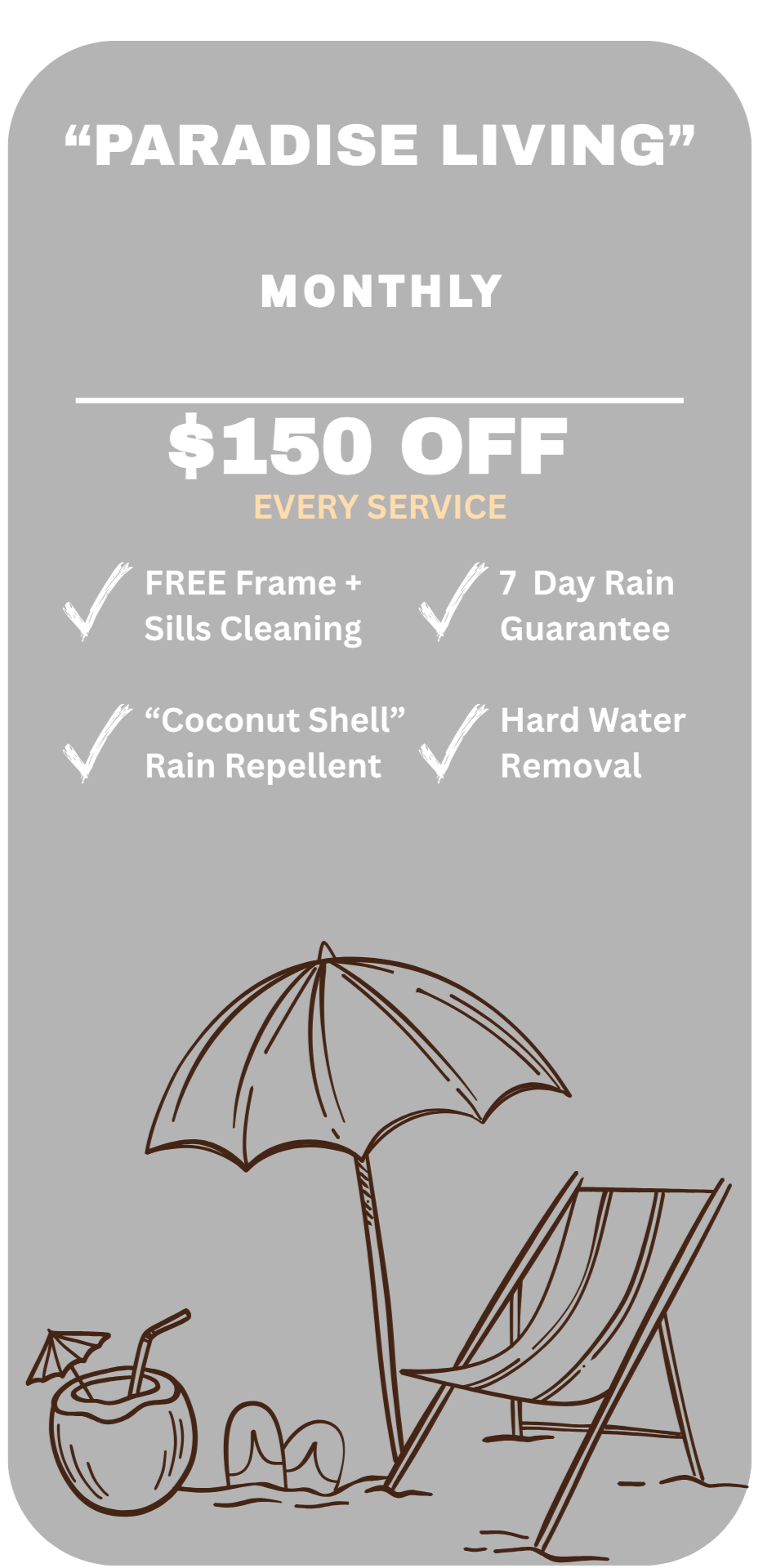Promotional flyer for Paradise Living with a summer beach scene including a deck chair, an umbrella, a coconut drink, and flip-flops.