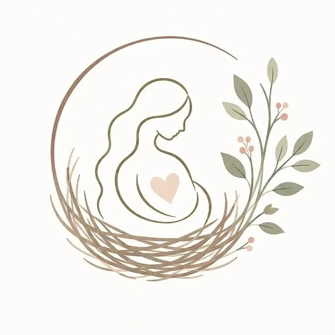 Minimalist illustration of a pregnant woman with a heart on her belly, surrounded by a nest and a branch with leaves and pink berries.