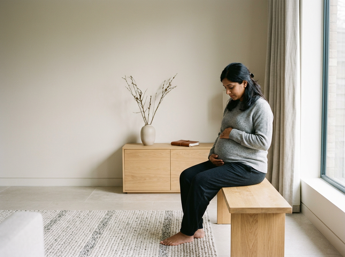 A pregnant woman sitting on a wooden bench near a window in a neutral-colored room, with a vase containing bare branches on a wooden cabinet behind her.