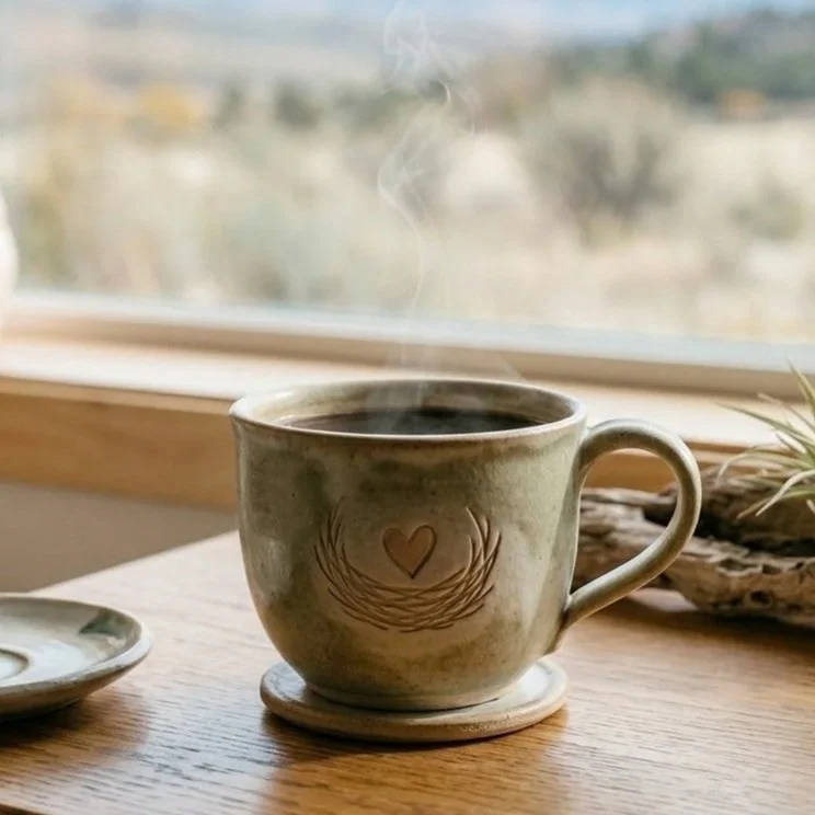 A ceramic mug with a heart and nest design, steam rising from hot coffee, on a wooden table near a window with a blurred outdoor landscape.
