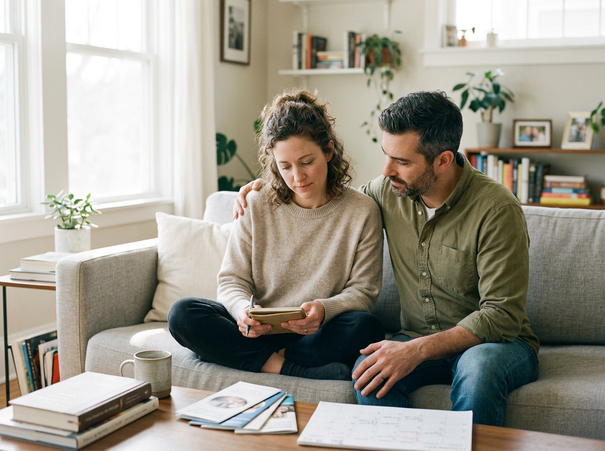 A man comforting a woman sitting on a couch, looking at a phone in a cozy living room.