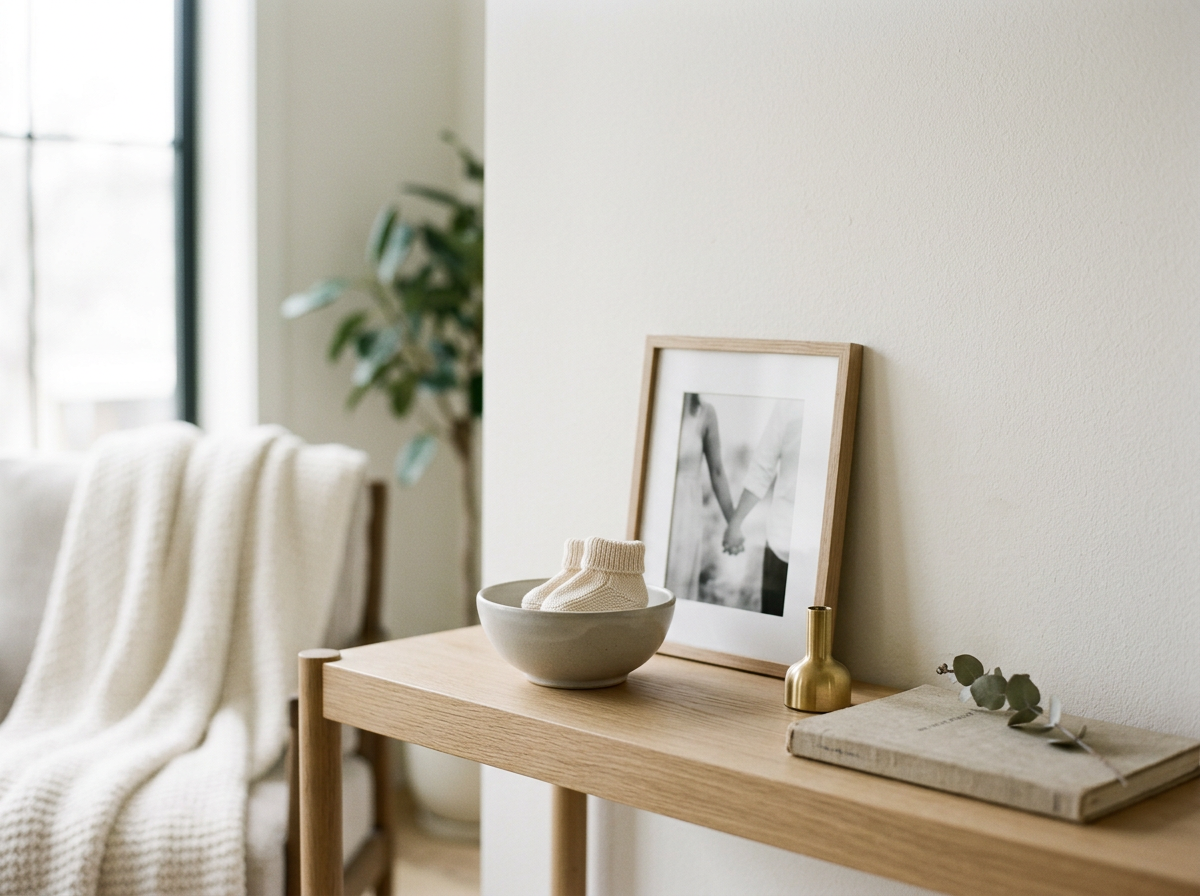 A wooden side table against a light-colored wall with a framed black-and-white photo of two people holding hands, a small gray bowl with a pair of baby socks, a small brass vase, and a closed book with a sprig of eucalyptus on top.