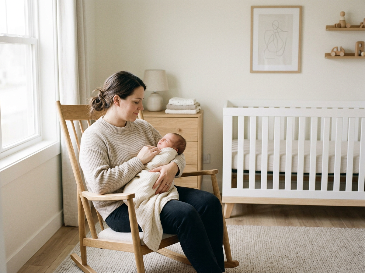 A woman holding a newborn baby in a nursery with a white crib, beige walls, and wooden furniture.