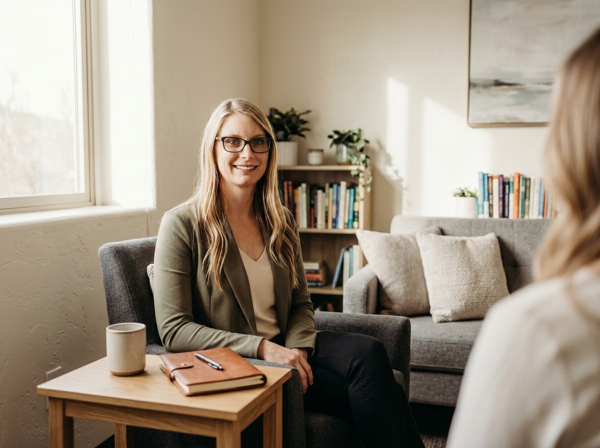 Two women having a conversation in a cozy, well-lit living room. One woman, with long blonde hair and glasses, is smiling and sitting in an armchair. The other woman, partially visible, is sitting across from her. Behind the woman with glasses, there is a bookshelf with books and decorative items, and a framed painting on the wall. A small wooden side table with a notebook, pen, and mug is in front of her.