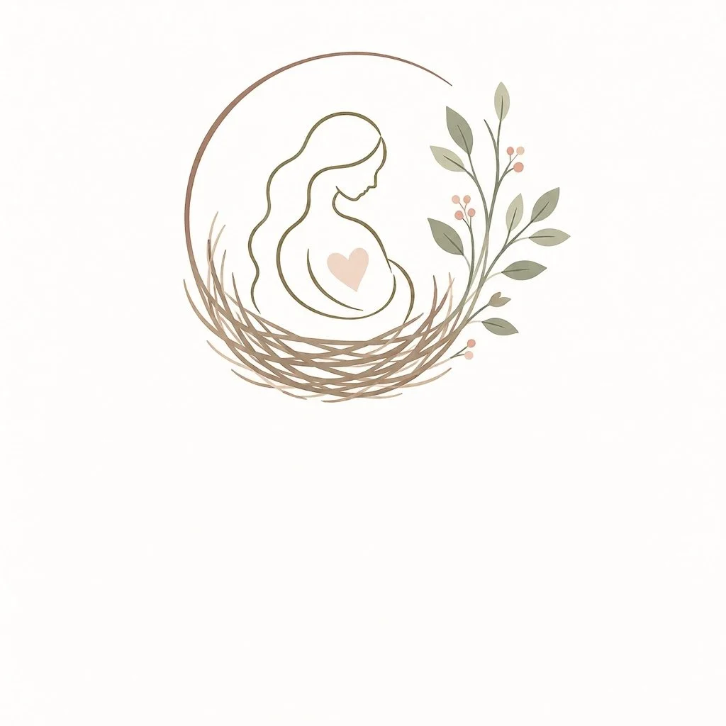 Minimalist line drawing of a pregnant woman with a heart on her belly, surrounded by a circular wreath of brown branches and green leaves with pink berries.