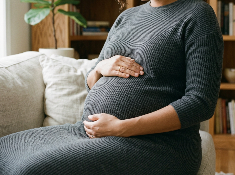 A pregnant woman wearing a gray sweater sitting on a sofa with a beige cushion, cradling her belly with one hand and touching her stomach with the other, in a cozy living room with a bookshelf and a plant in the background.
