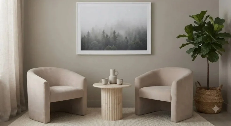 Interior living room with two beige armchairs, a small round table with white ceramic pitchers and cups, a tall potted plant, beige curtains, and a landscape photo of foggy forest on the wall.
