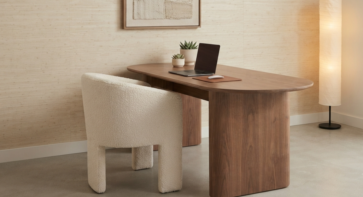 A wooden desk with a laptop, mouse, and two potted plants, alongside a plush white chair, in a minimalist room with a textured wall and floor lamp.