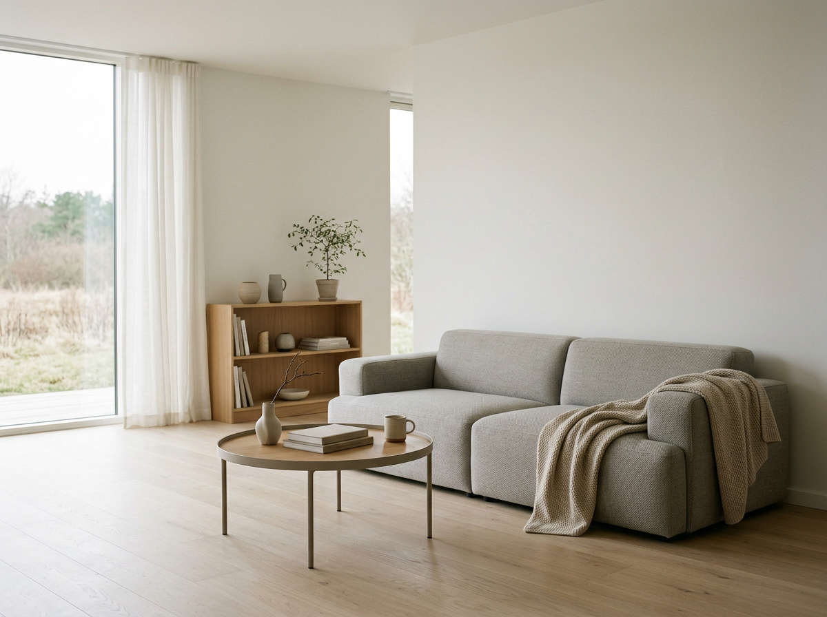 Minimalist living room with a light gray sofa, a wooden coffee table with books, a beige blanket, a wooden shelf with vases and plants, and a large window with sheer curtains showing an outdoor landscape.