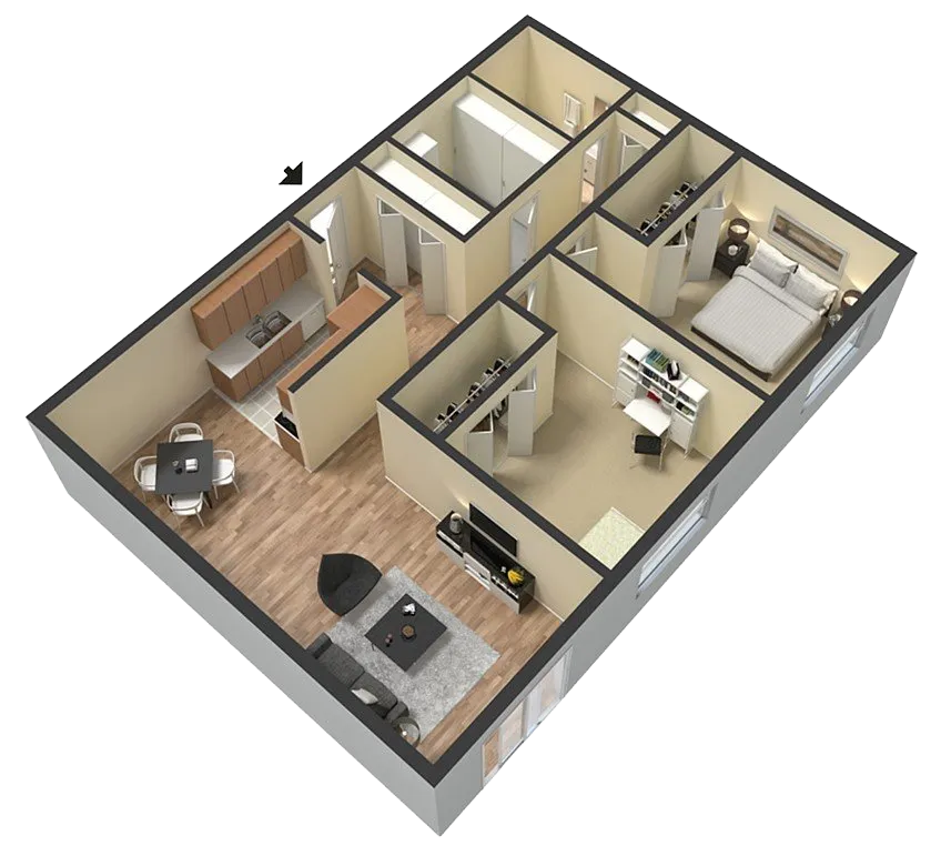 Eastgate Apartments 3D floor plan of a two-bedroom apartment showing a living room, dining area, kitchen, bedroom, bathroom, and closet space.